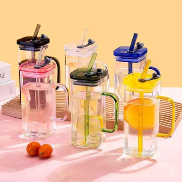 Square Mug Glass Cups with Lids and Straws with Colored Handle Drinking Glasses / 400 ml