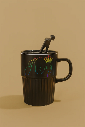 Premium Black Ceramic "King" Printed Coffee Mug with Lid and Stirrer