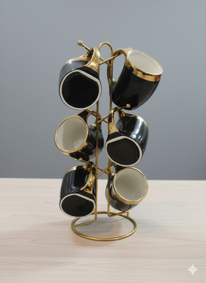 Golden Stand 6Pcs Cup Set Black Golden Print