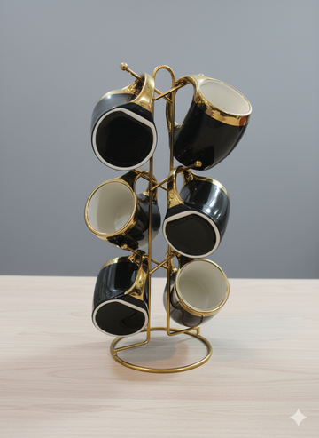 Golden Stand 6Pcs Cup Set Black Golden Print