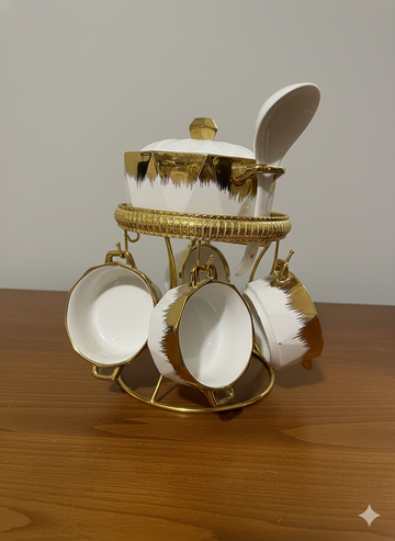 White Golden Print Soup Set with Gold Metal Stand