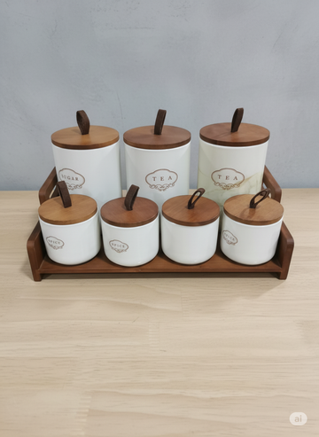 Ceramic spice jar set with wooden lid 8 pieces with Stand