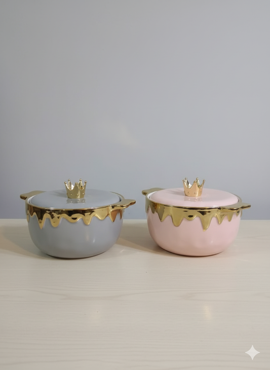Luxury Ceramics Crown Bowls with Lids - Food Storage Container Golden Design