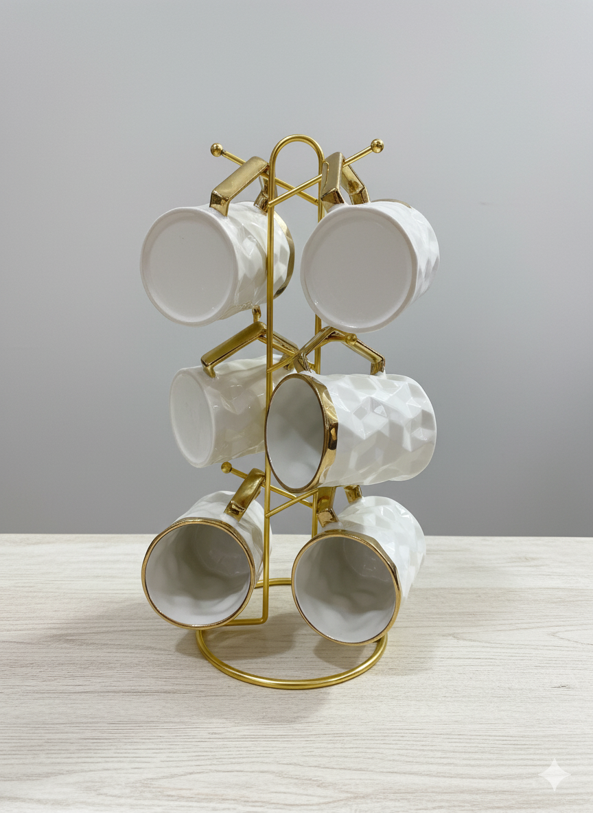 White & Gold 6-Piece Cup Set with Golden Stand