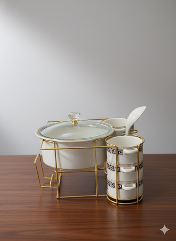 White Black Print Soup Set with Gold Metal Stand