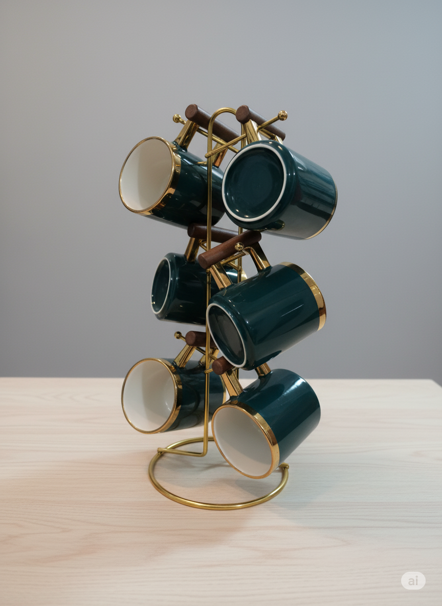 Elegant Green Pink & Gold 6-Piece Cup Set with Golden Stand Wooden Handle