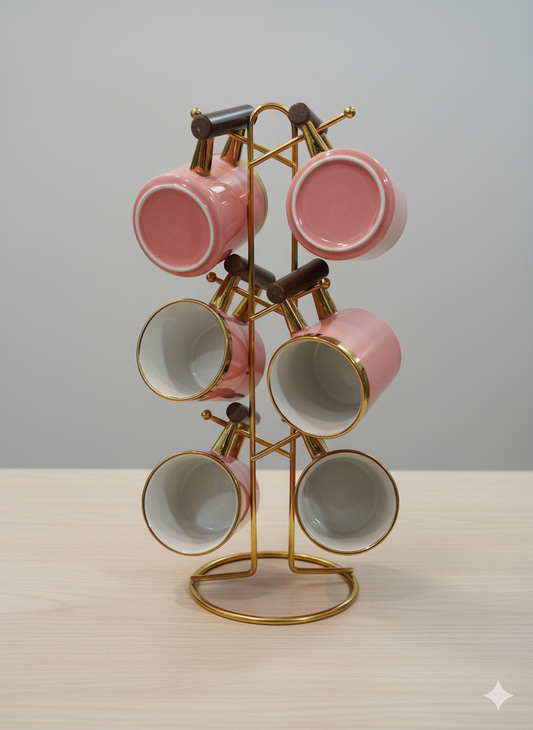 Elegant Green Pink & Gold 6-Piece Cup Set with Golden Stand Wooden Handle