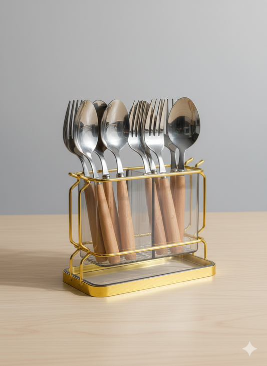 Acrylic Cutlery Holder With Drain Plate, Double Barrel