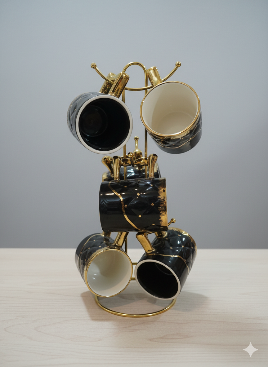 Elegant Printed Black & Gold 6-Piece Cup Set with Golden Stand