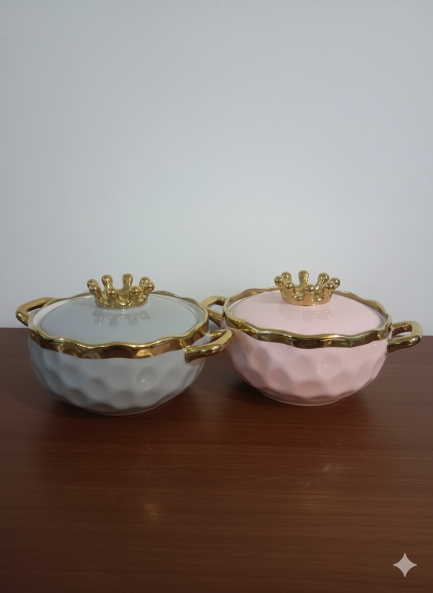 Luxury Ceramics Crown Bowls with Lids D2 - Food Storage Container Golden Design