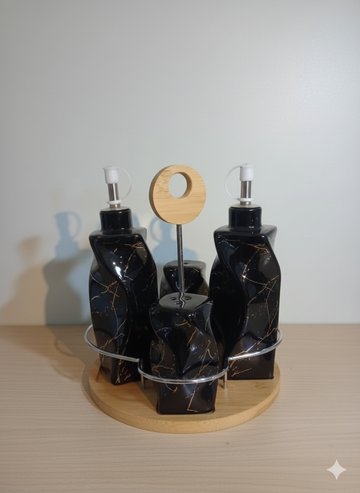 Set of 4 - Condiment Set with Wooden Base