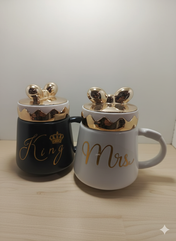 King / Mrs Bow Ceramic Coffee Mugs with Golden Design | Luxury Ceramic Mug Collection