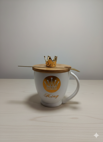 Crown Lid Ceramic Coffee Mugs Cup Look with Golden Design & Spoon | Luxury Ceramic Mug Collection