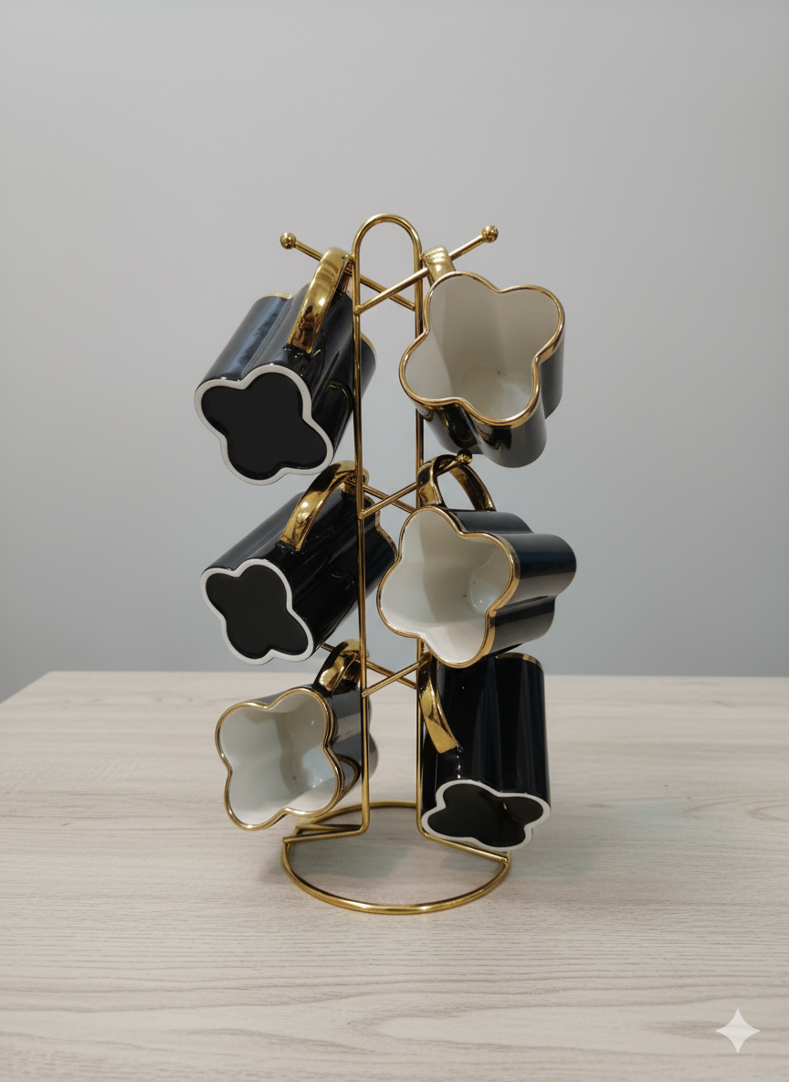 Elegant Flower Look Black & Gold 6-Piece Cup Set with Golden Stand