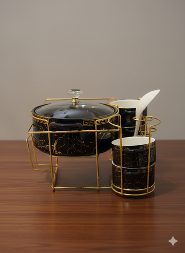 Ceramic Black Marble Gold Soup Set with Gold Metal Stand