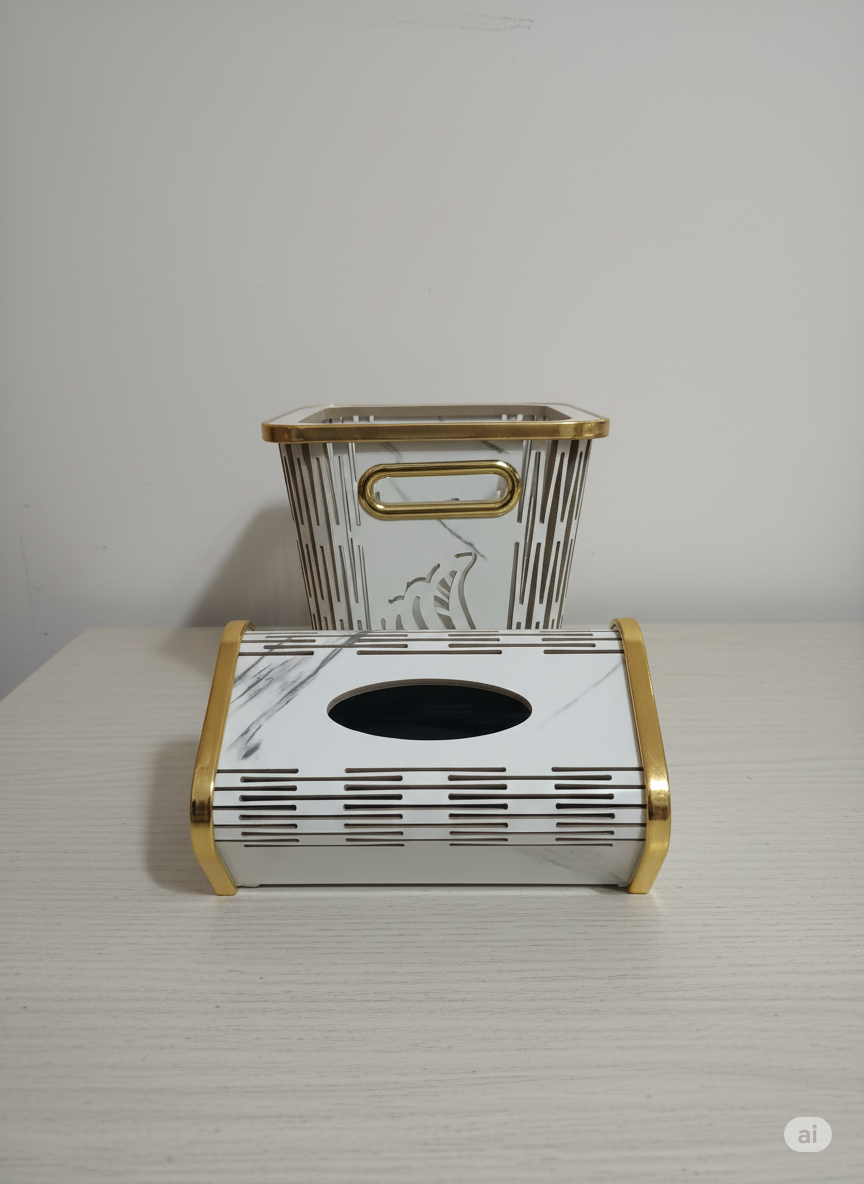 Modern White Golden Marbale Design Dustbin & Tissue Box Set
