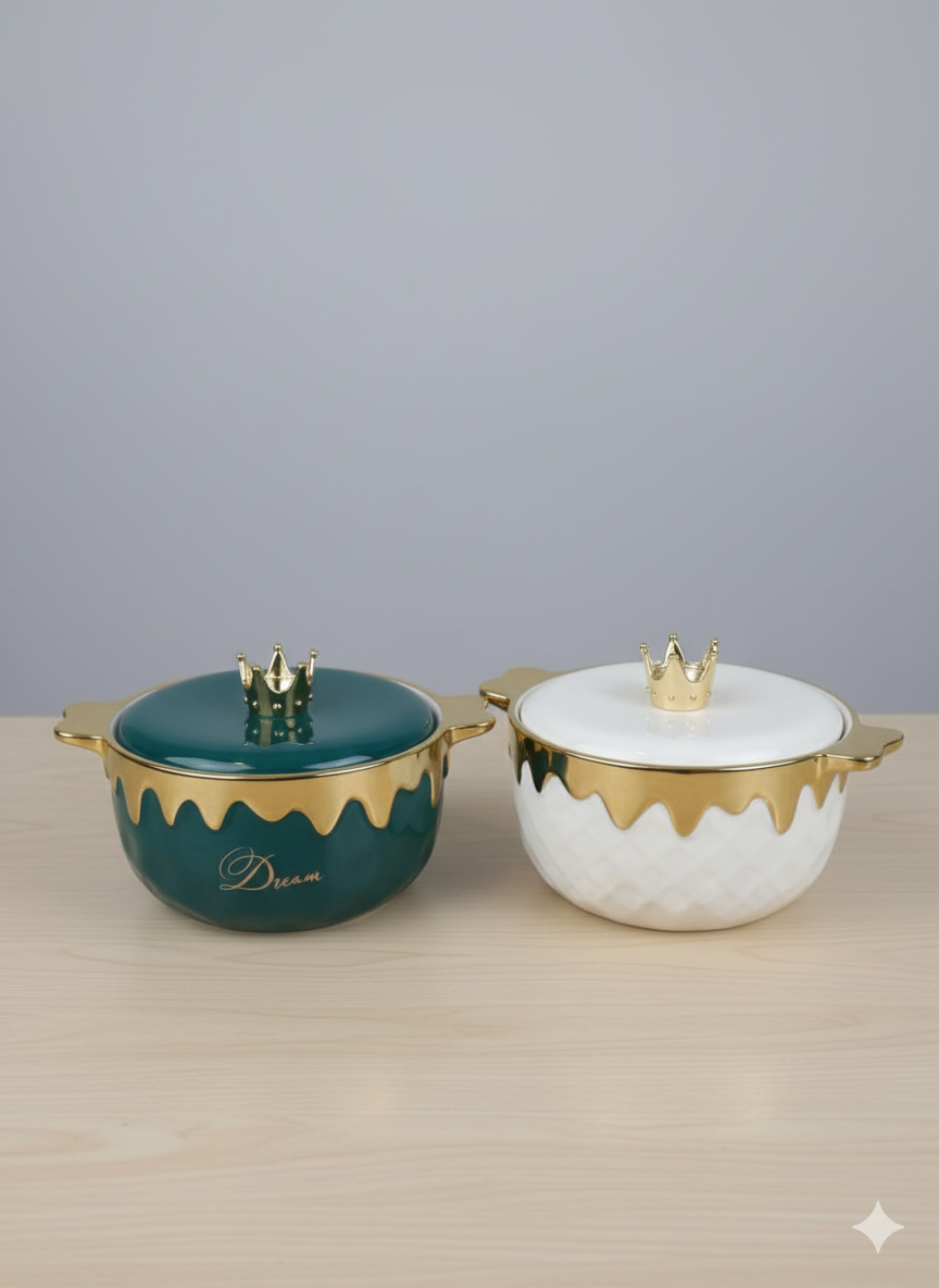 Luxury Ceramics Crown Bowls with Lids - Food Storage Container Golden Design