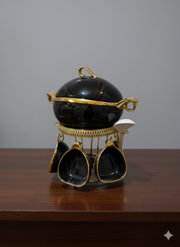 Round Ceramic Black Gold Soup Set with Gold Metal Stand