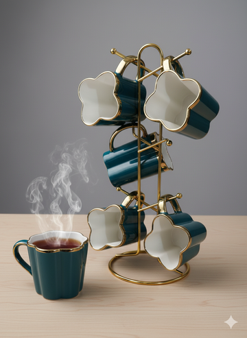 Elegant Green & Gold 6-Piece Cup Set with Golden Stand