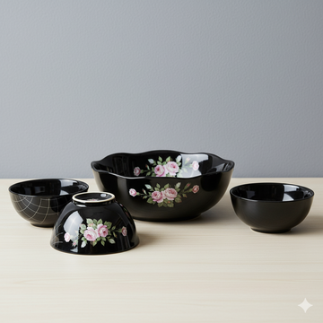 7 pcs black Flower printed soup set