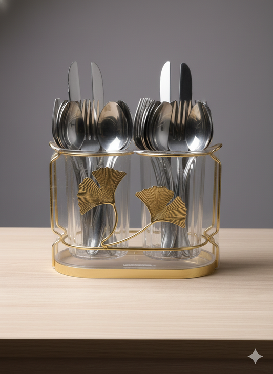 Acrylic Round big  Cutlery Holder With Drain Plate, Double Barrel