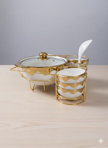 White Golden Print Soup Set with Gold Metal Stand