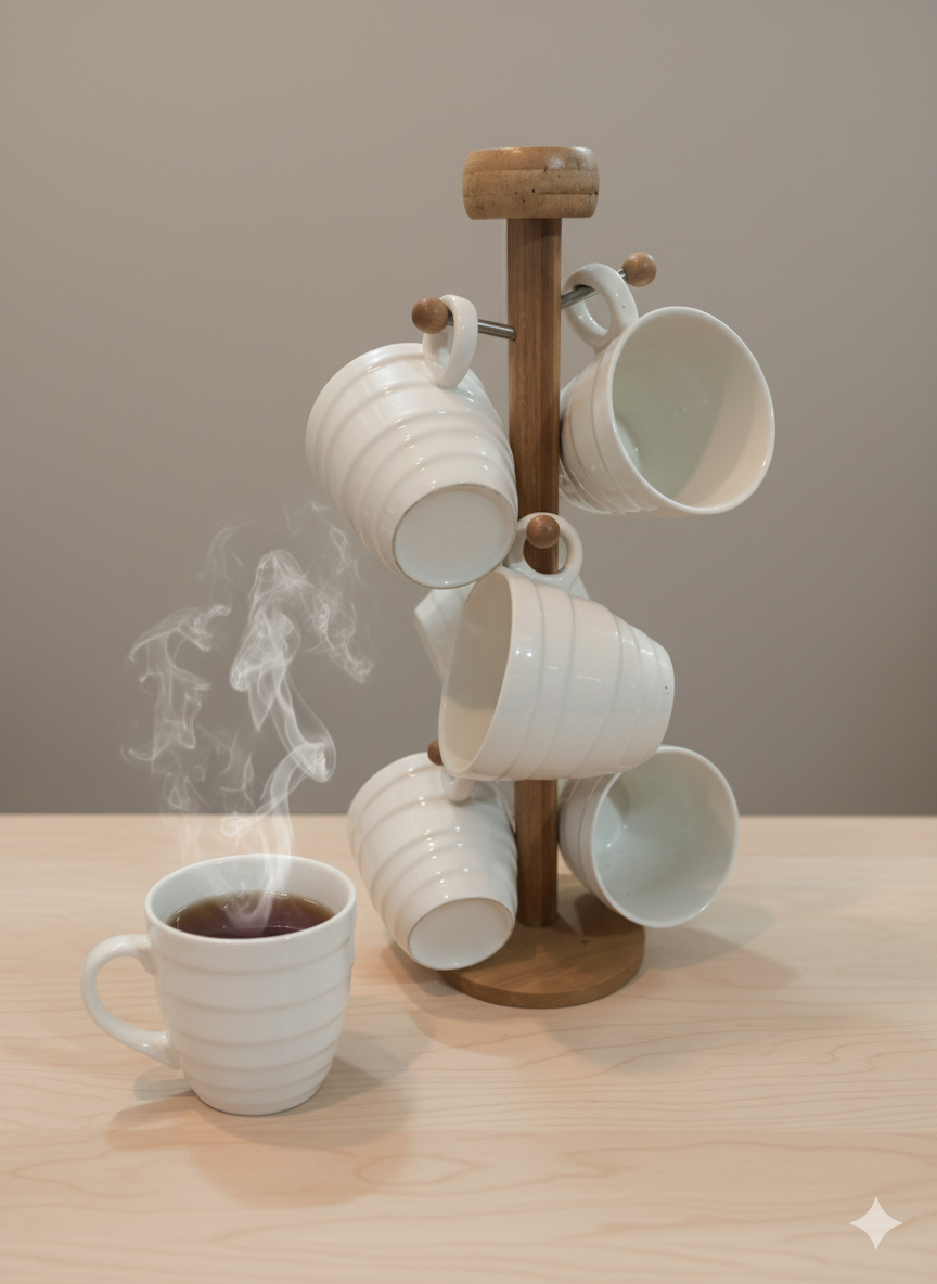 Elegant white Cup & Wood stand 6-Piece Cup Set with Wooden Stand