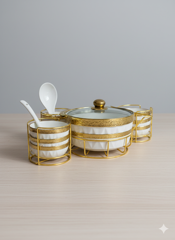 Fancy White Golden Print Soup Set with Gold Metal Stand | Elegant Dining Collection