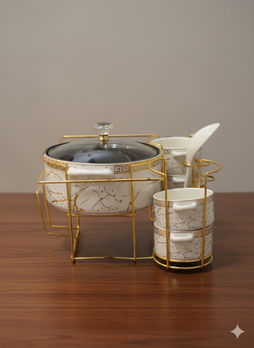 Ceramic White Marble Gold Soup Set with Gold Metal Stand