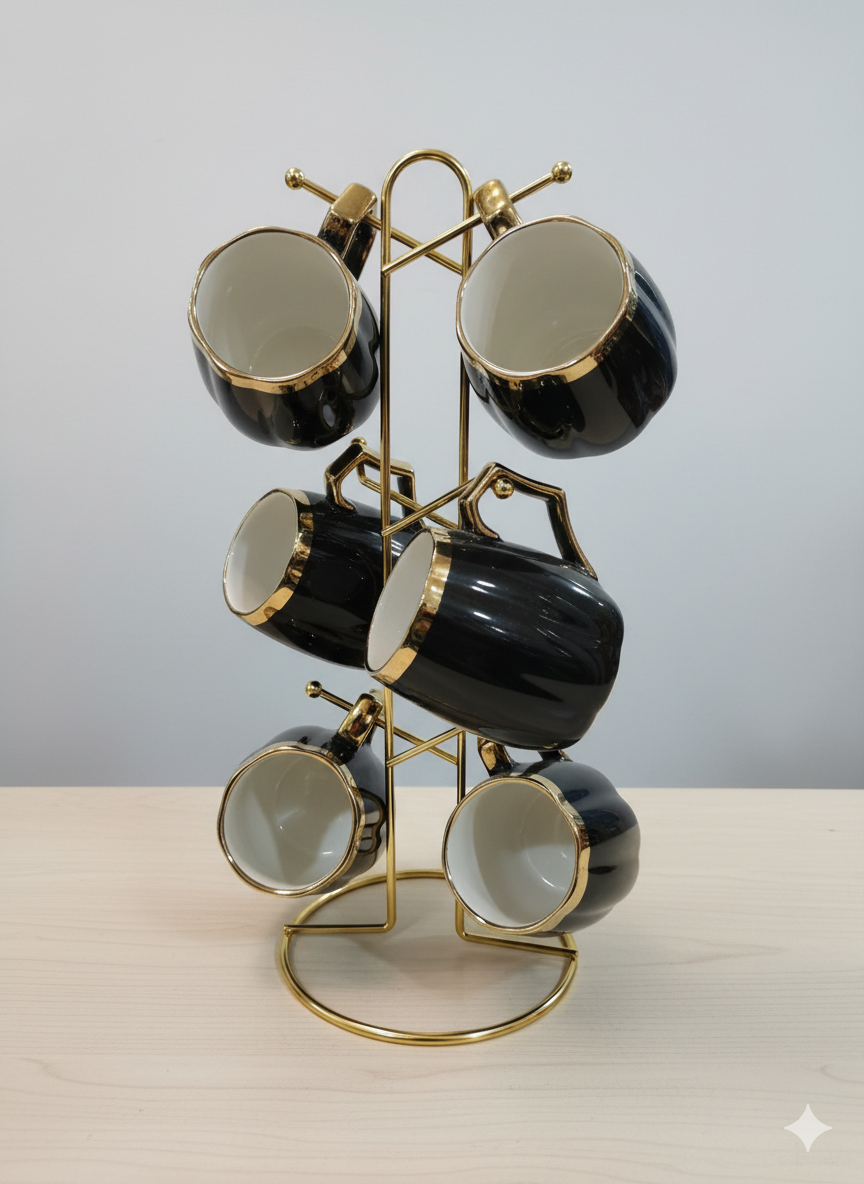 Black & Gold 6-Piece Cup Set with Golden Stand