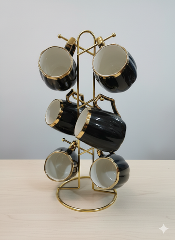 Black & Gold 6-Piece Cup Set with Golden Stand
