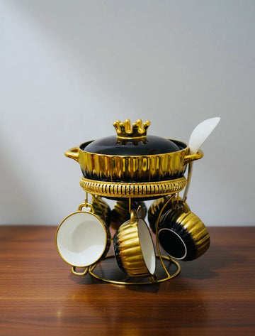 Crown Ceramic Black- Gold Soup Set with Gold Metal Stand