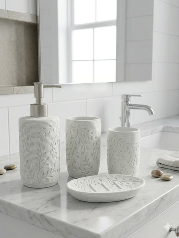 Ceramic Bathroom Set – White Flower Printed (4 Pcs Set)