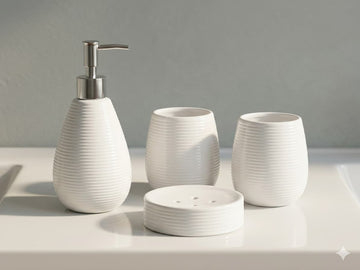 Ceramic Bathroom Set – White Lining Printed Color (4 Pcs Set)