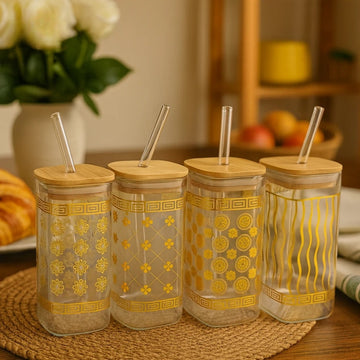 Golden Printed Square Mug WIth bamboo Lids