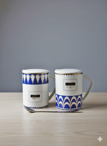 White Printed Ceramic Coffee Mugs with Spoon | Luxury Ceramic Mug Collection