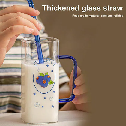 Random Printed Color 400ml Square Glass Mug With Handle, Straw & Lid, Drinking Glass