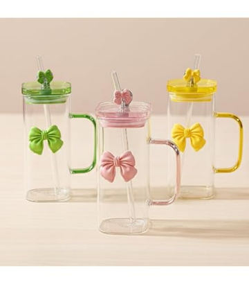 CUTE BOW GLASS CUP WITH WOODEN & GLASS LID AND STRAW | AESTHETIC DRINKING TUMBLER