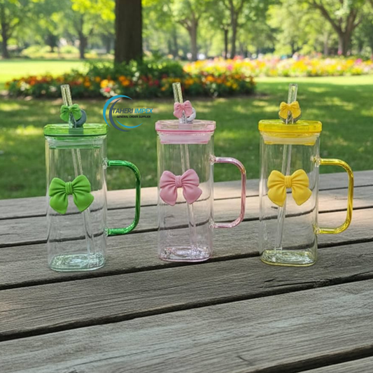 CUTE BOW GLASS CUP WITH WOODEN & GLASS LID AND STRAW | AESTHETIC DRINKING TUMBLER