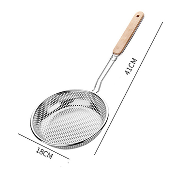 Stainless Steel Deep Frying Oil Strainer, Potato Chips Pasta Noodle oil Strainer with Wooden Handle