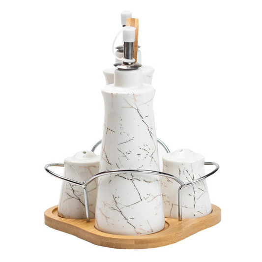 Set of 4 - Condiment Set with Wooden Base