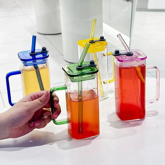 Square Mug Glass Cups with Lids and Straws with Colored Handle Drinking Glasses / 400 ml