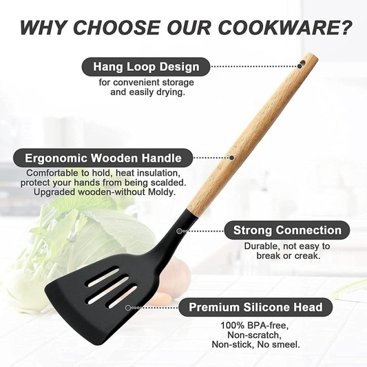 Silicone Spoon  Utensil  Heat Resistant Kitchen Spatula Set for Nonstick Black Wooden Handles Vol - 1