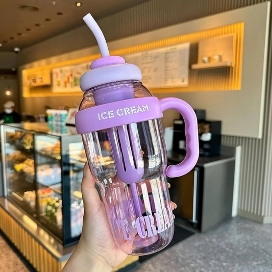 Ice Cream Tumbler Bottle with Straw & Handle | Cute Transparent Water Bottle