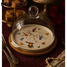 Printed Tray Luxury Cake Stand Plate with Glass Cover