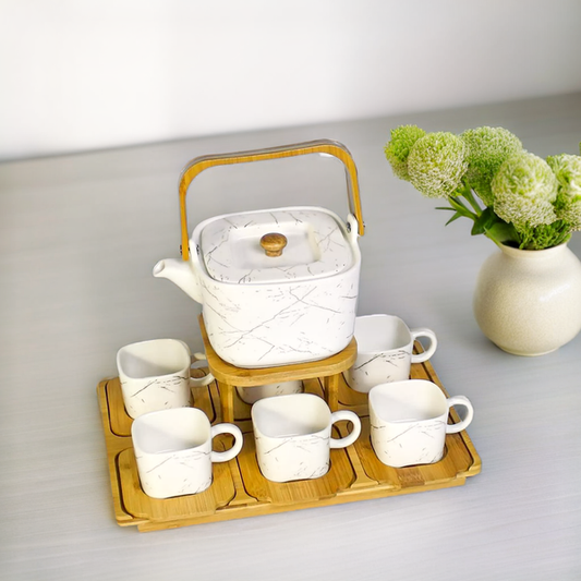 Elegant Marble Design Ceramic Coffee Set with Wooden Tray