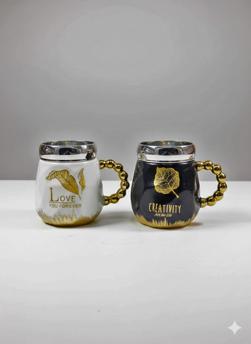 Golden Printed Ceramic Coffee Mugs with Spoon | Luxury Ceramic Mug Collection