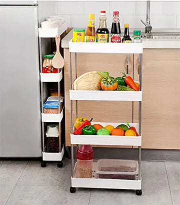 4 Layer Plastic Kitchen Storage Trolley Rack with Caster Wheels, Rolling Utility Cart Slide Out Storage Shelves Space Saving Home Storage Organizer Racks