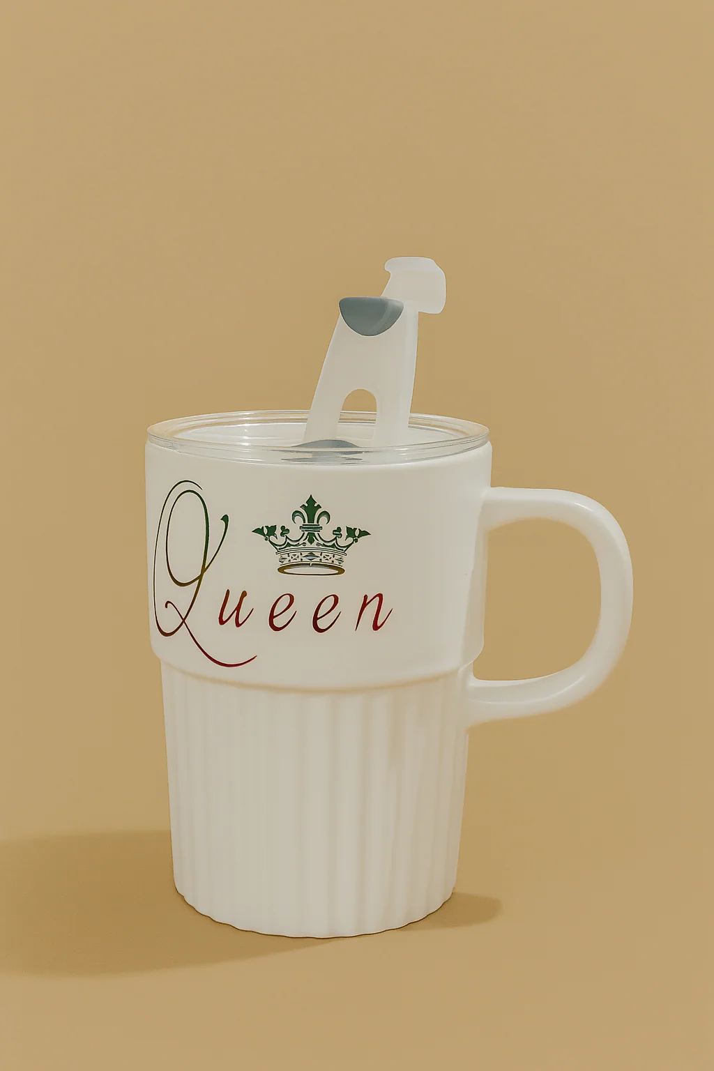 Premium White Ceramic "Queen" Printed Mug with Lid and Stirrer | Elegant Tea & Coffee Cup