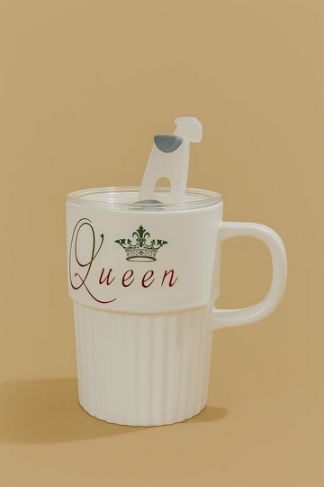 Premium White Ceramic "Queen" Printed Mug with Lid and Stirrer | Elegant Tea & Coffee Cup
